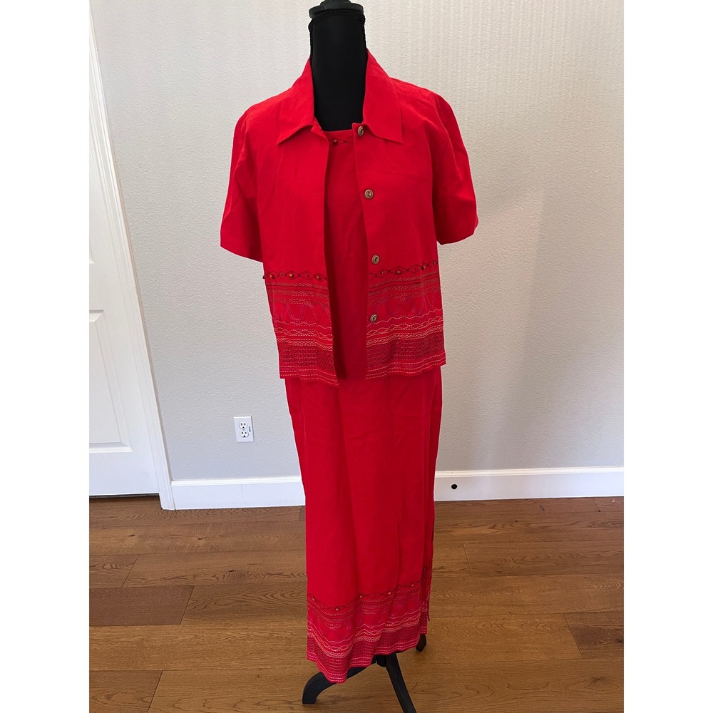 Red Linen Blend 2 Piece Dress Set Embroidered Jacket Coldwater Creek Petite P8